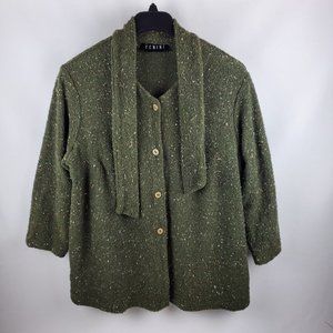 Fenini Womens Cardigan Sweater Button Up Long Sleeve Neck Tie Green Size 1X